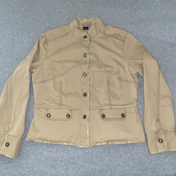 GAP Jackets & Blazers - GAP Women's XL Khaki Cotton Twill Jacket Floral Trim Utility Peplum Button Up‎